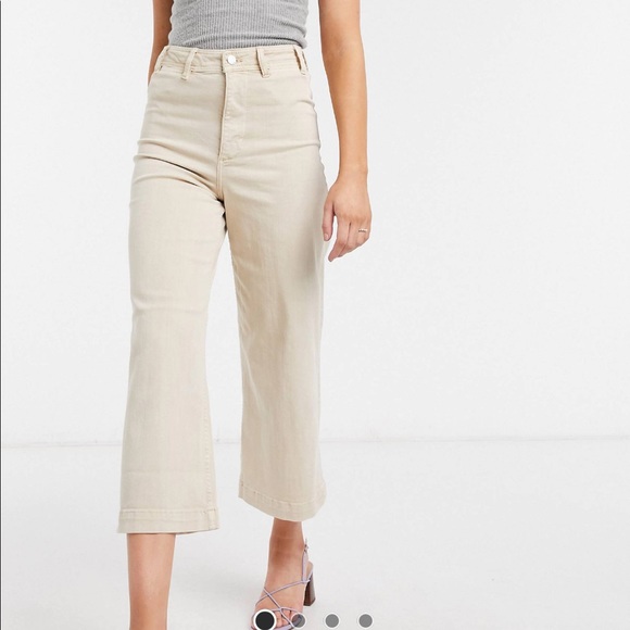 Wide Leg Ecru Stretch Denim Pants 